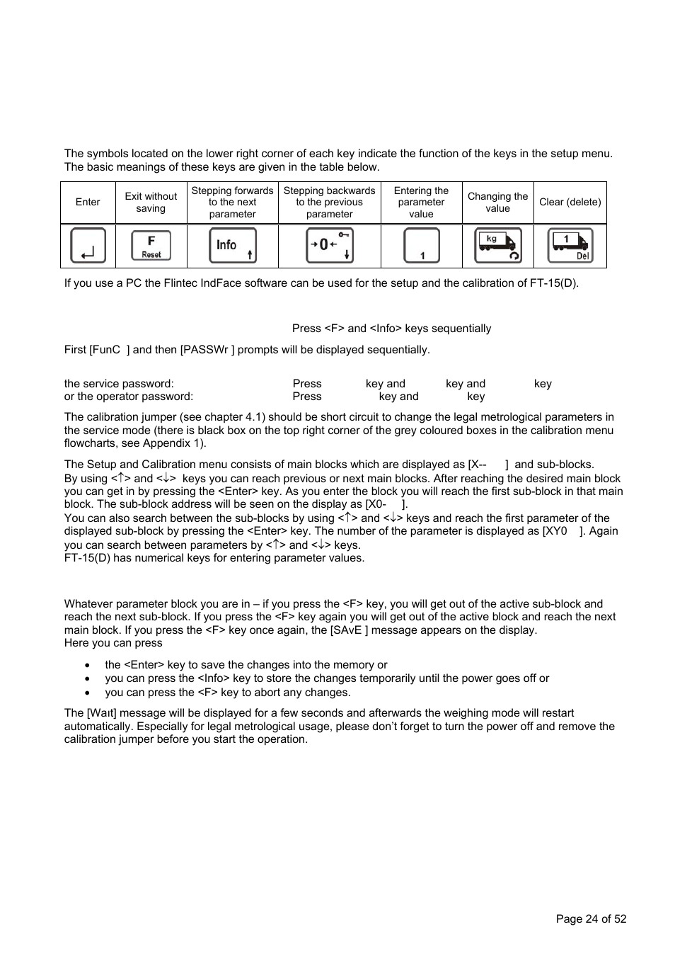 1 basics, Etup and, Alibration | 1 basic setup keys on the frontplate, 2 entering the setup and calibration menu, 3 exiting the setup and calibration menu | Flintec FT-15D User Manual | Page 24 / 52