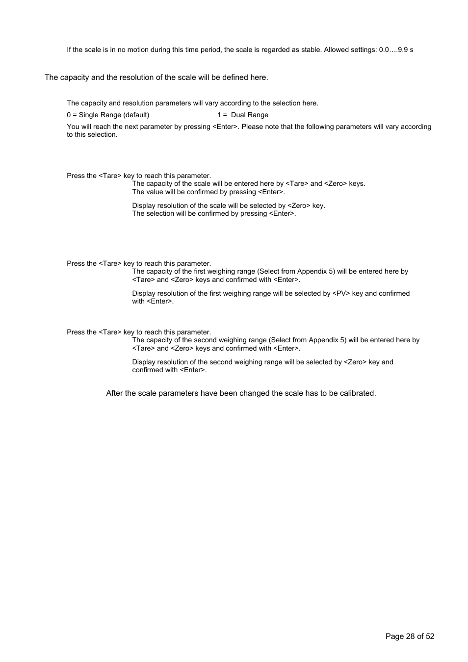 ] scale build, 210 0] scale type, If single range has been selected: [212 ] capacity | Cap1, 212 ] 2. capacity, Cap2 | Flintec FT-15D User Manual | Page 28 / 52