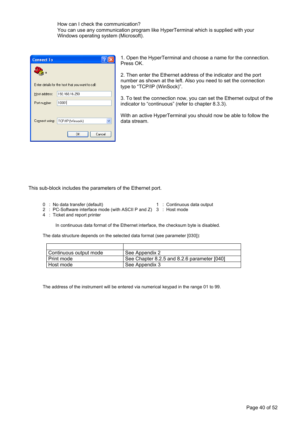 ] interface block [03-] ethernet, Example: hyperterminal, 3 data structure | 030 x ] data format, 031 xx] address | Flintec FT-15D User Manual | Page 40 / 52