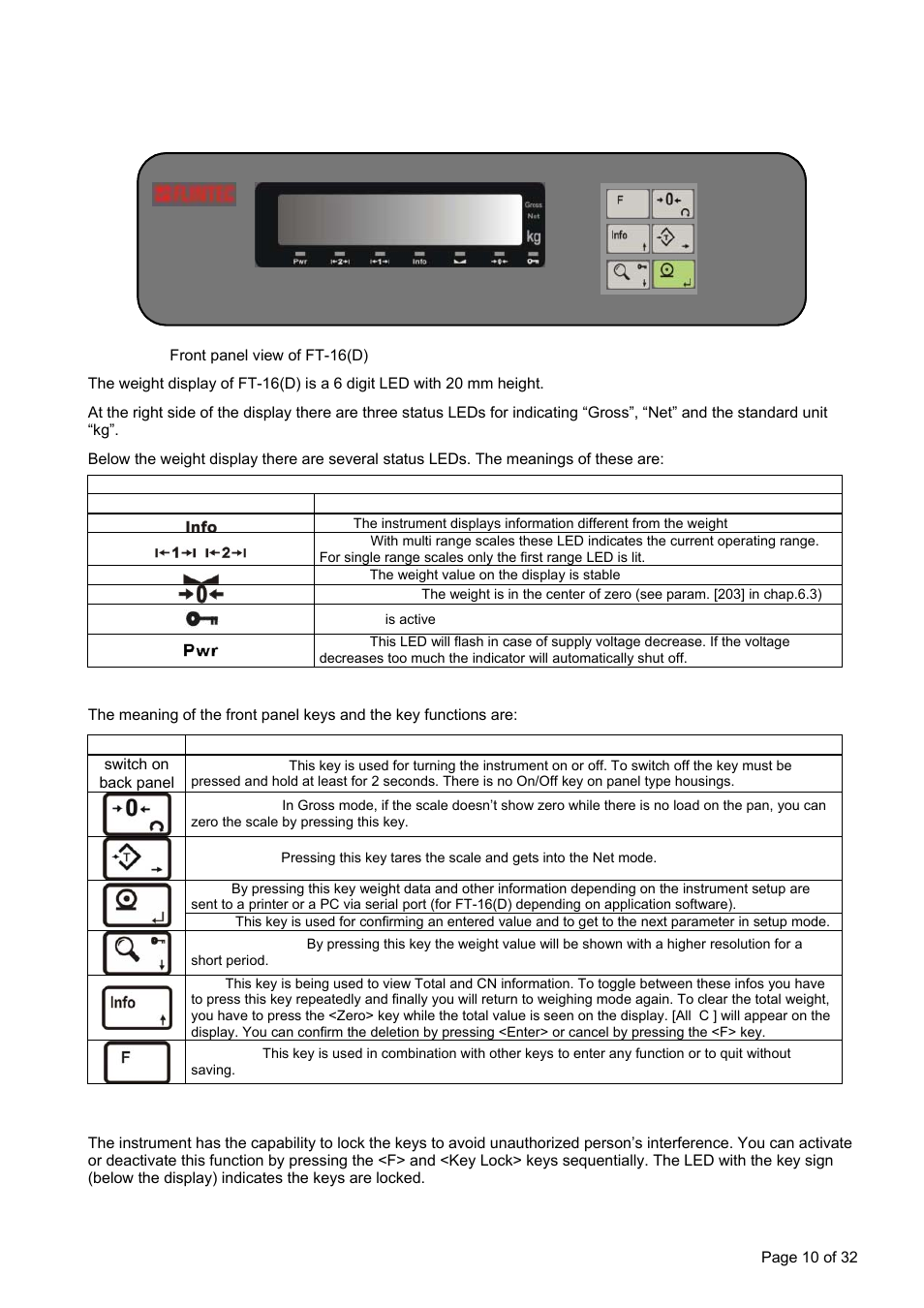 5 front panel and keypad, 1 weight display and status leds, 2 keypad | 3 key lock, Front panel and keypad, Weight display and status leds, Keypad, Key lock, Ront, Anel and | Flintec FT-16D V.1.21 User Manual | Page 10 / 32