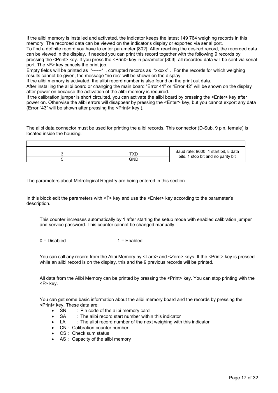 7 alibi memory and legal metrological records, Alibi memory and legal metrological records, Alibi data connector | ] metrological data block, ] legal metrological records | Flintec FT-16D V.1.21 User Manual | Page 17 / 32