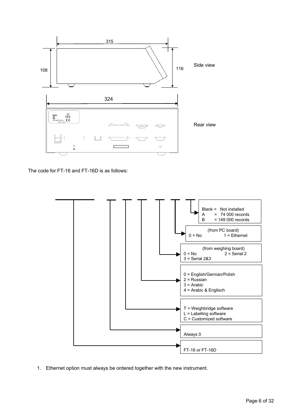 2 housing dimensions, 3 model identification, Housing dimensions | Model identification, Ft-xx. c d e. f g h, Side view 324, Rear view, The code for ft-16 and ft-16d is as follows, Page 6 of 32 | Flintec FT-16D V.1.21 User Manual | Page 6 / 32