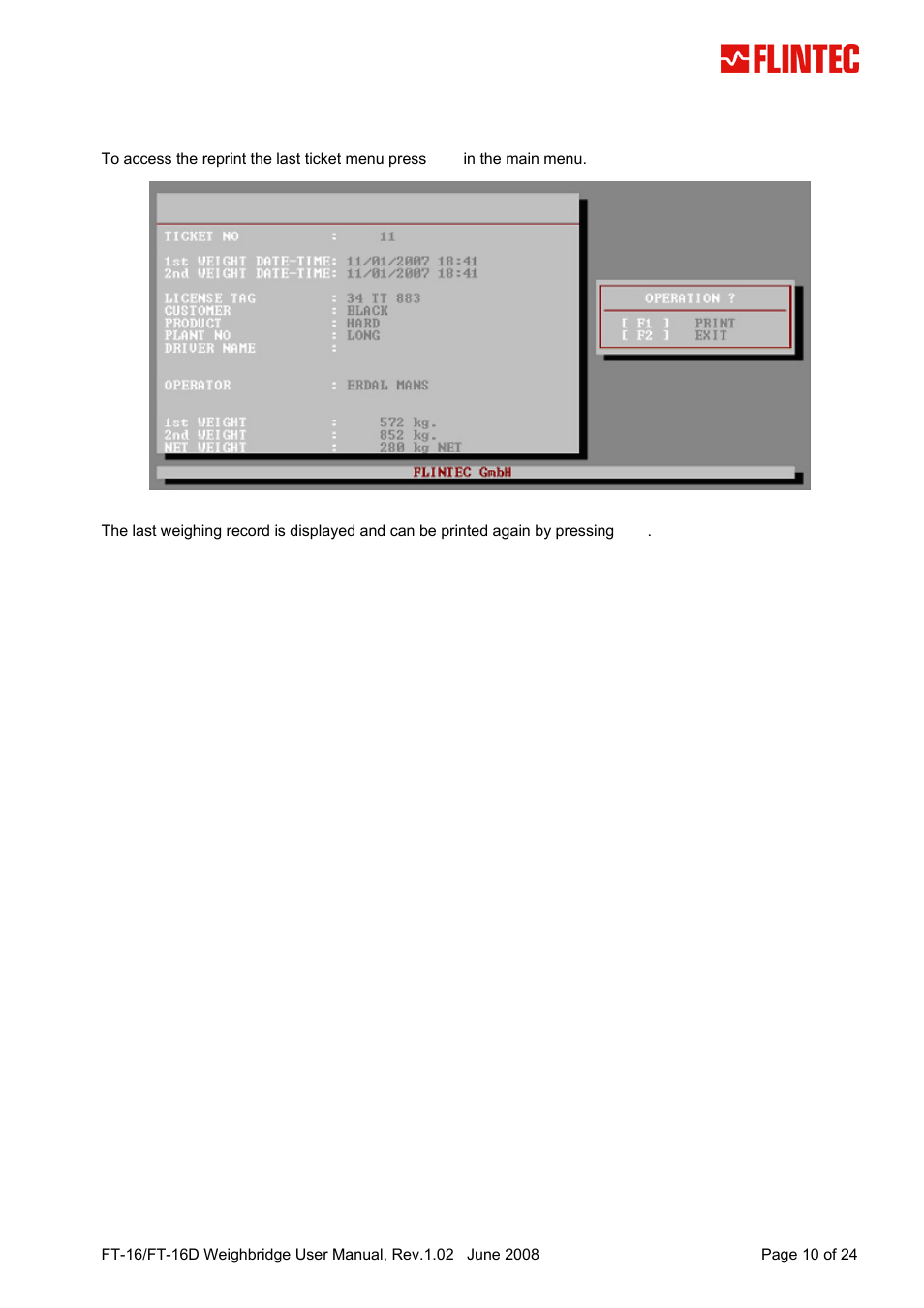 Reprint the last ticket | Flintec FT-16D V.1.02 User Manual | Page 10 / 24