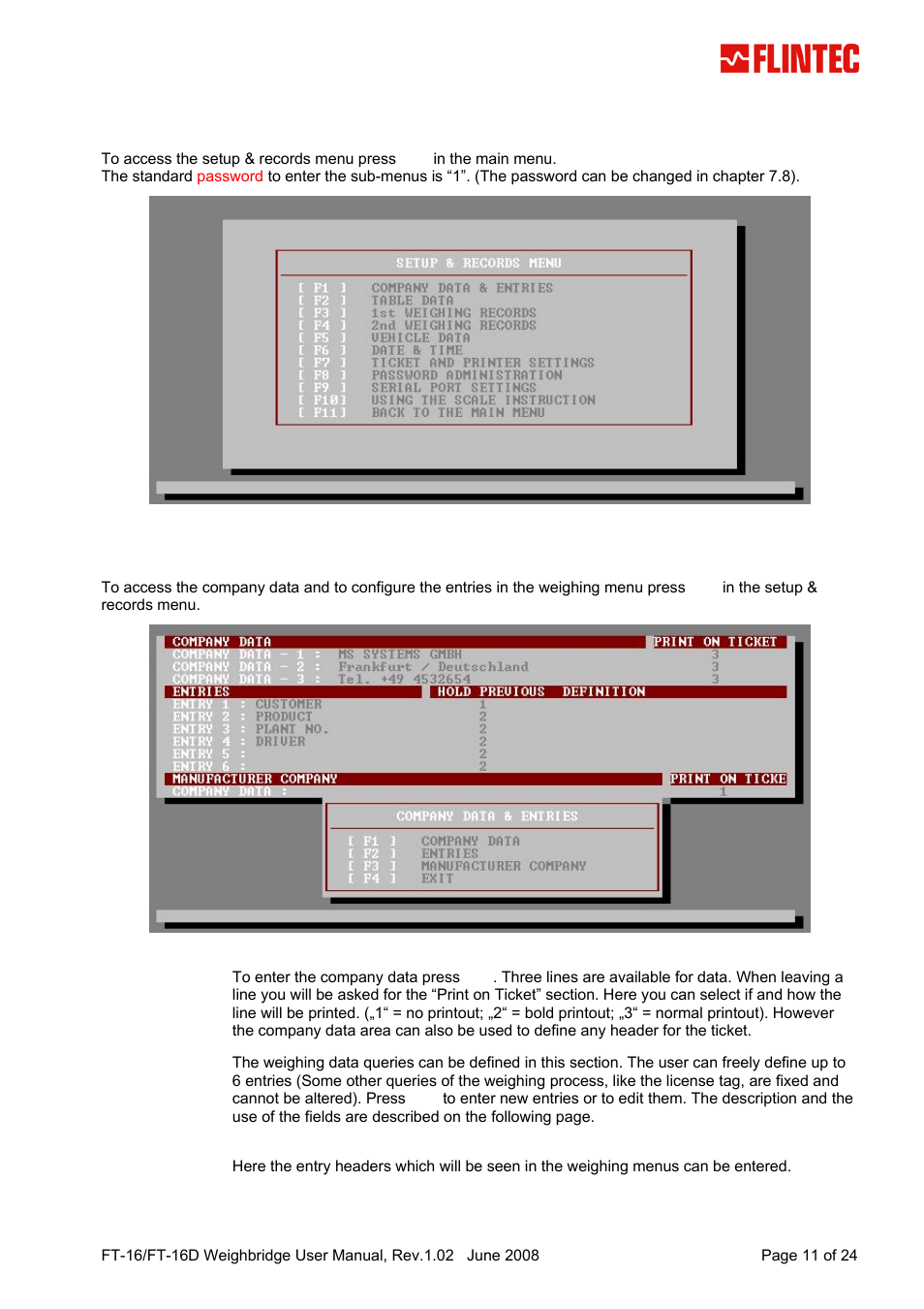 Setup & records, 1 company data & entries, Company data & entries | Etup, Ecords | Flintec FT-16D V.1.02 User Manual | Page 11 / 24