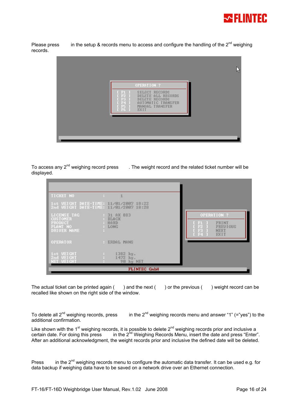 4 2nd weighing records, 1 select 2nd weighing record, 2 delete all / selected 2nd weighing records | 2nd weighing records, Select 2, Weighing record, Delete all / selected 2, Weighing records, 1 select 2, 2 delete all / selected 2 | Flintec FT-16D V.1.02 User Manual | Page 16 / 24