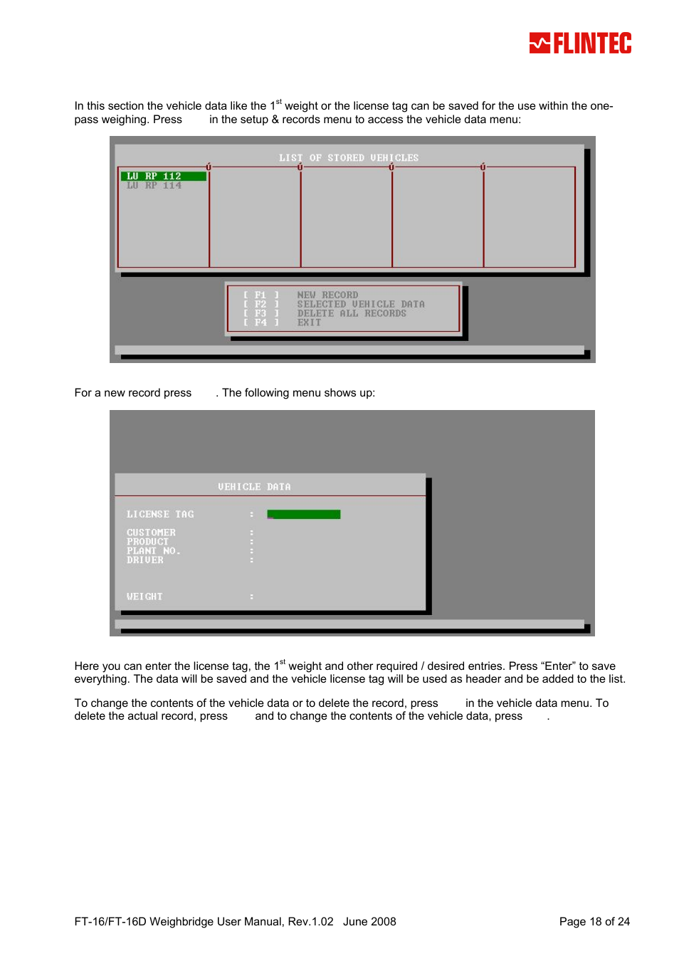 5 vehicle data, Vehicle data | Flintec FT-16D V.1.02 User Manual | Page 18 / 24