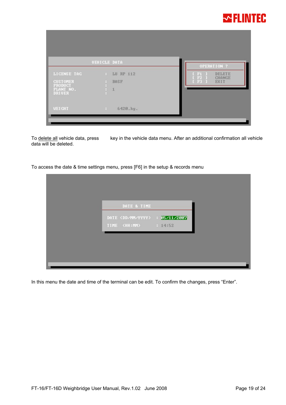 6 enter date & time, Enter date & time | Flintec FT-16D V.1.02 User Manual | Page 19 / 24