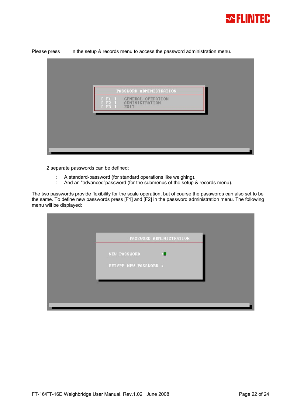 8 password administration, Password administration | Flintec FT-16D V.1.02 User Manual | Page 22 / 24