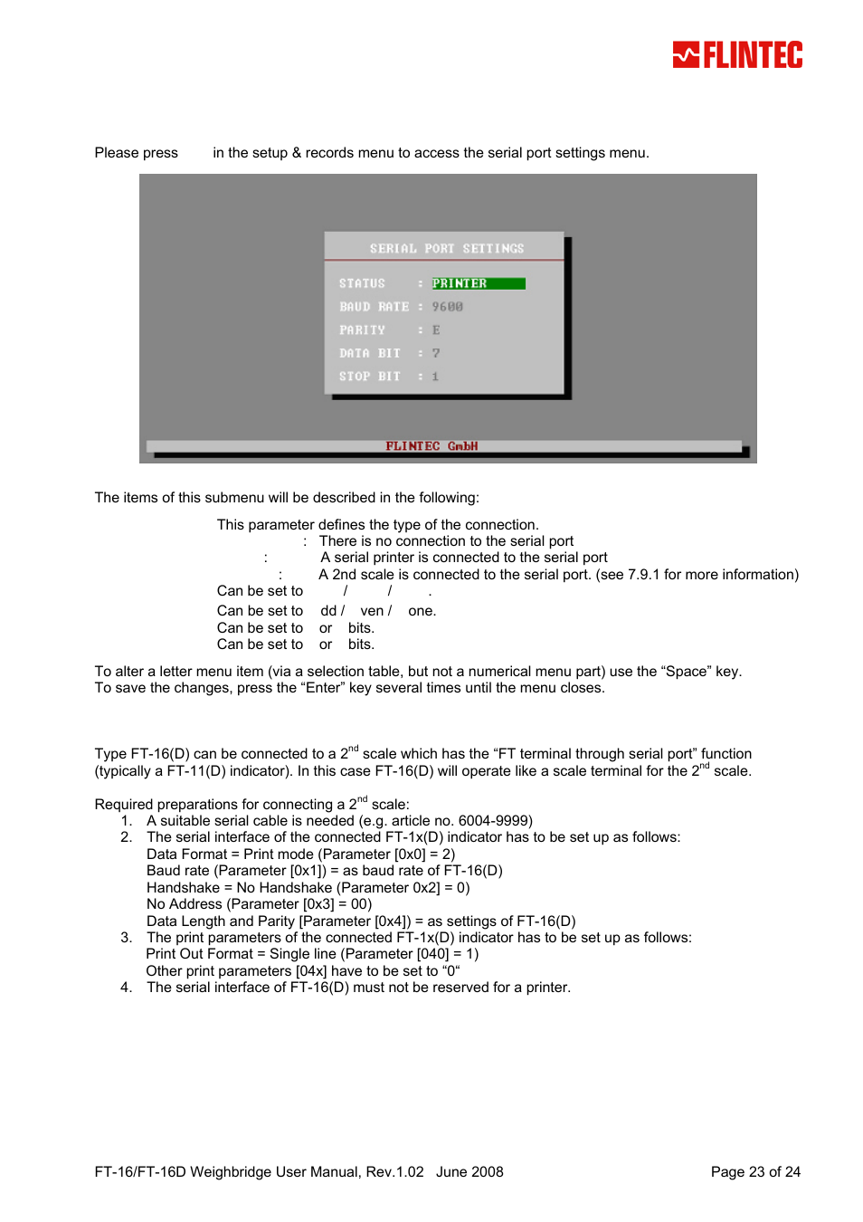 9 serial port settings, 1 2nd scale connection, Serial port settings | Scale connection | Flintec FT-16D V.1.02 User Manual | Page 23 / 24