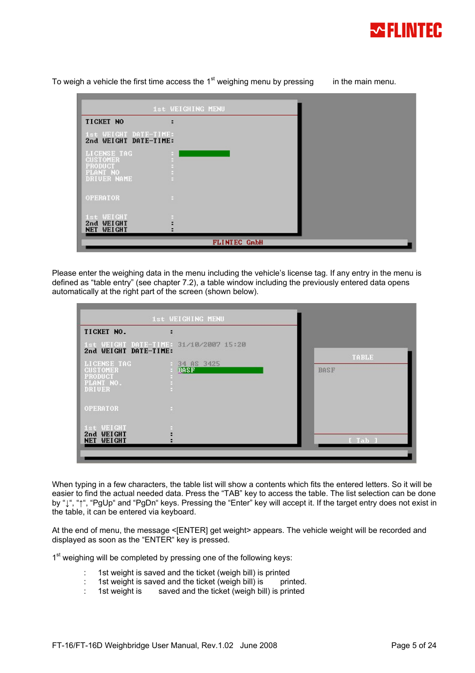 1st weighing, Weighing, Eighing | Flintec FT-16D V.1.02 User Manual | Page 5 / 24
