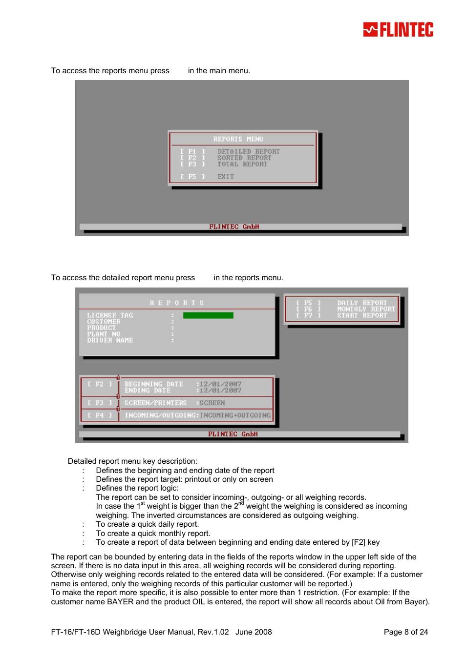 Reports, 1 detailed report, Detailed report | Eports | Flintec FT-16D V.1.02 User Manual | Page 8 / 24