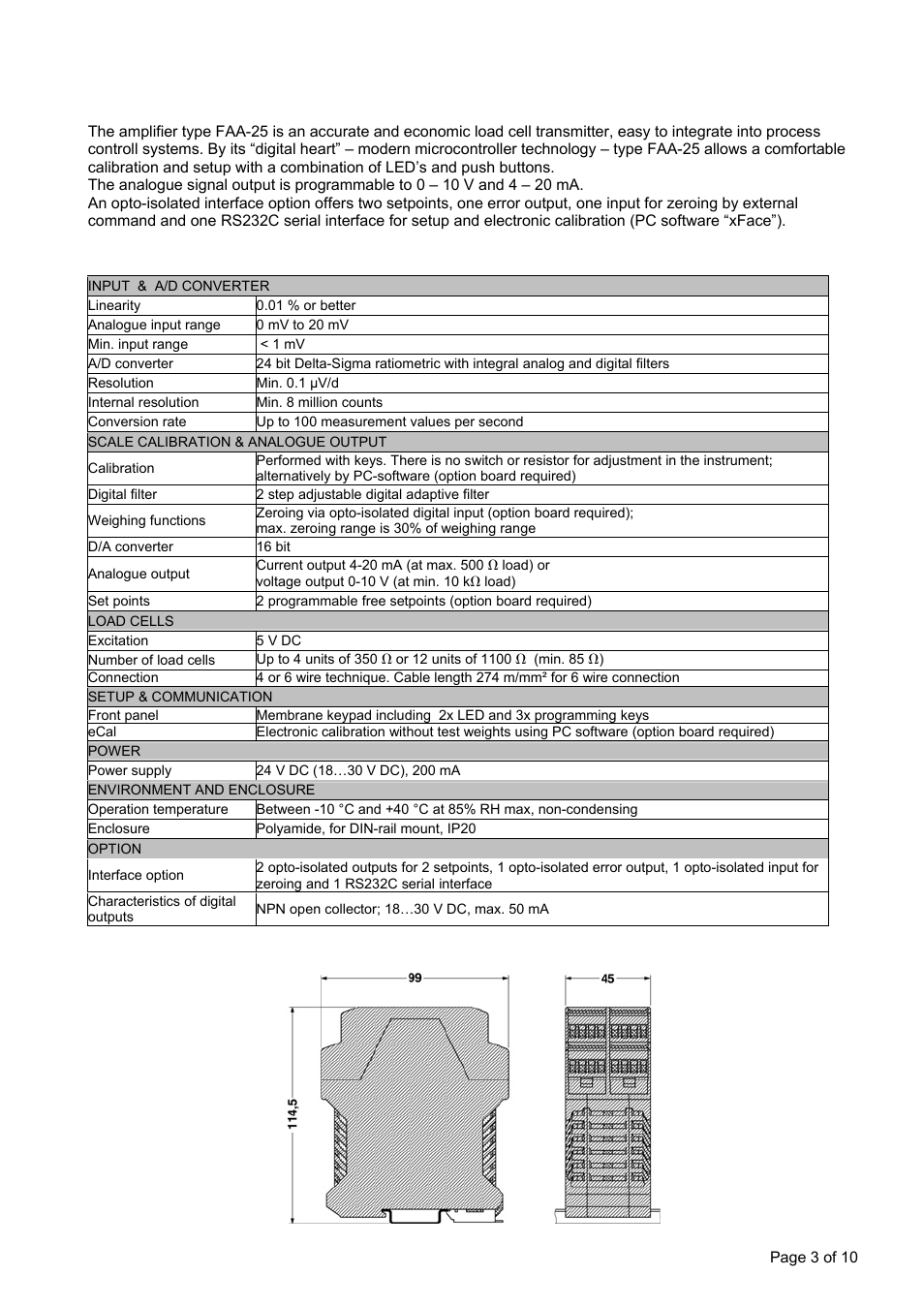 Features, Technical specification, Housing dimensions | Flintec FAA-25 User Manual | Page 3 / 10