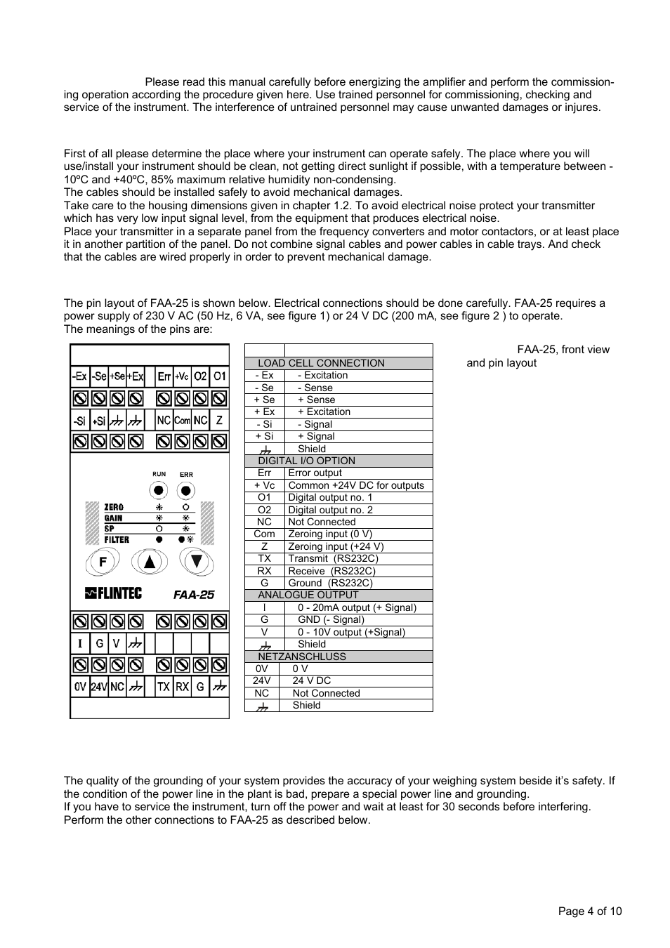 Installation and commissioning, Mechanical installation, Electrical connections | Flintec FAA-25 User Manual | Page 4 / 10