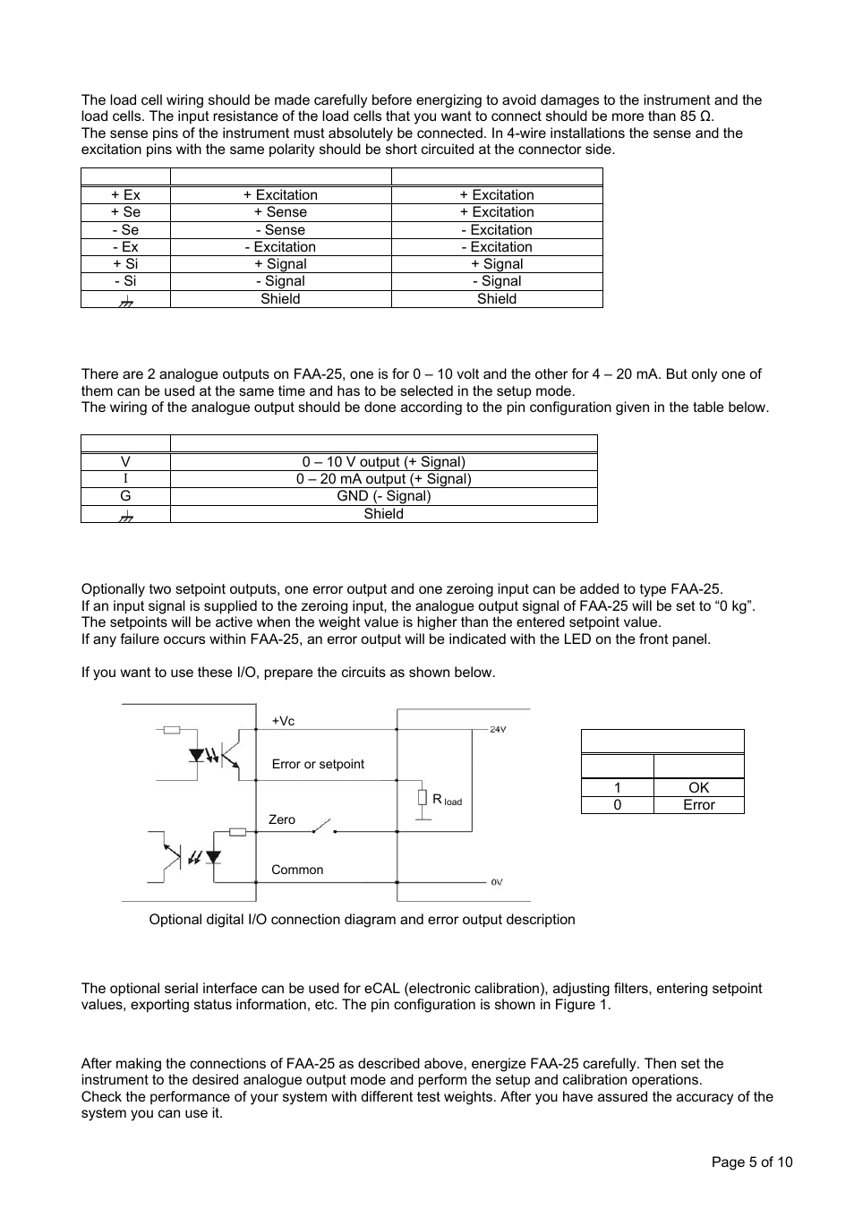 Load cell connection, Analogue output connection, Optional digital inputs / outputs | Optional rs232c serial interface, Commissioning | Flintec FAA-25 User Manual | Page 5 / 10