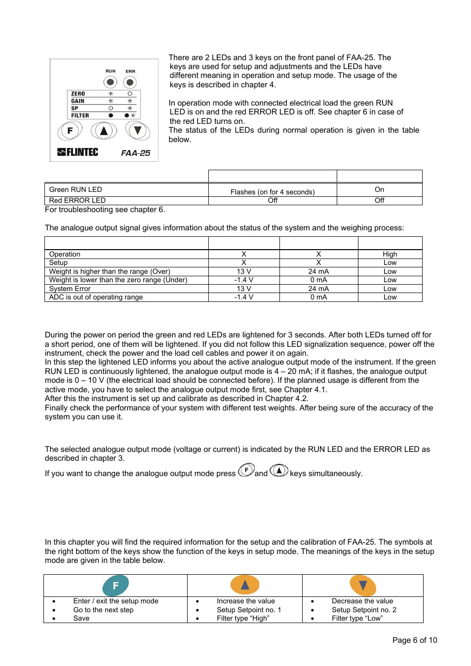 Operation, Setup and calibration by using the key buttons, Setup of the analogue output mode | Setup and calibration | Flintec FAA-25 User Manual | Page 6 / 10