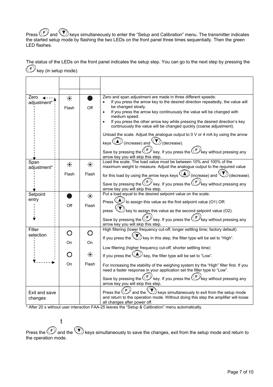 Entering setup & calibration, Setup & calibration, Exi t from setup & calibration | Flintec FAA-25 User Manual | Page 7 / 10