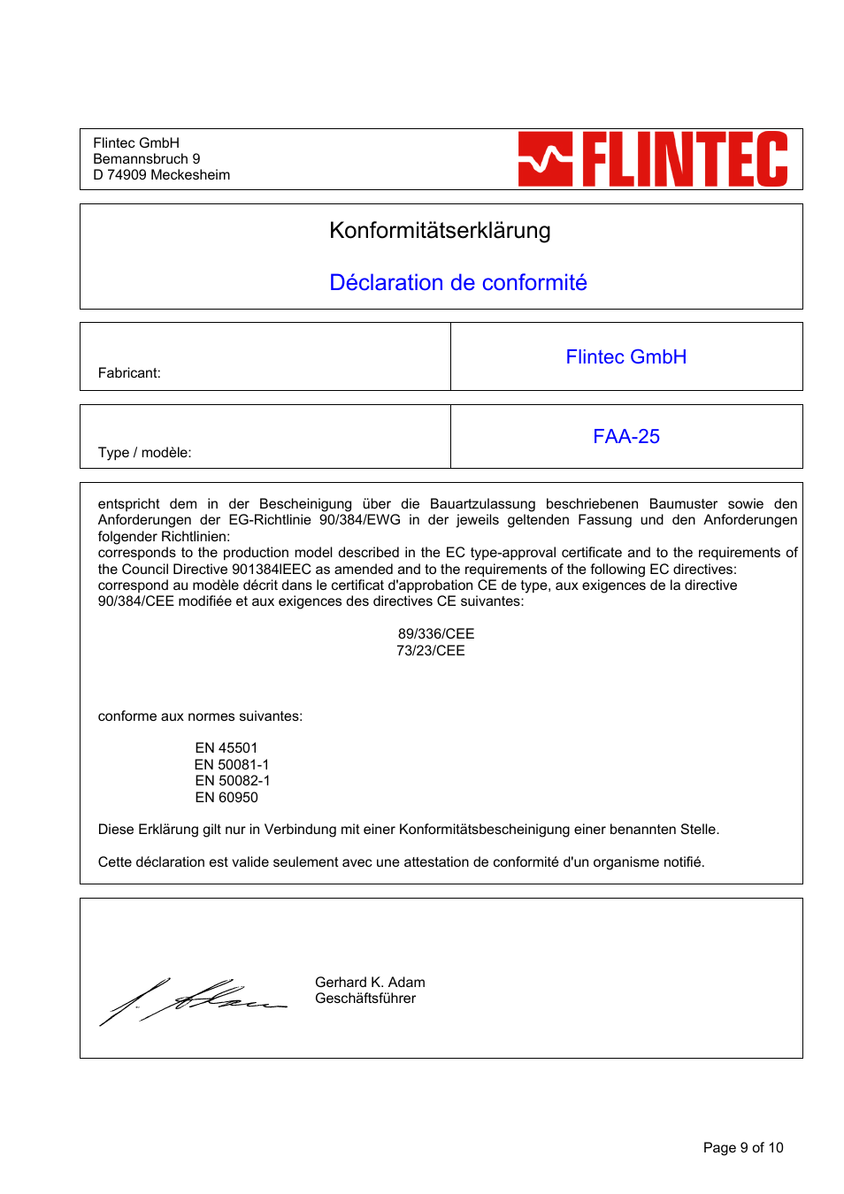 Declaration of conformity | Flintec FAA-25 User Manual | Page 9 / 10