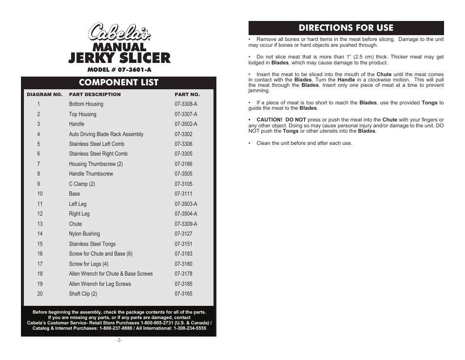 Jerky slicer, Manual, Component list | Directions for use | Cabela's Manual Jerky Slicer 07-3601-A User Manual | Page 2 / 4