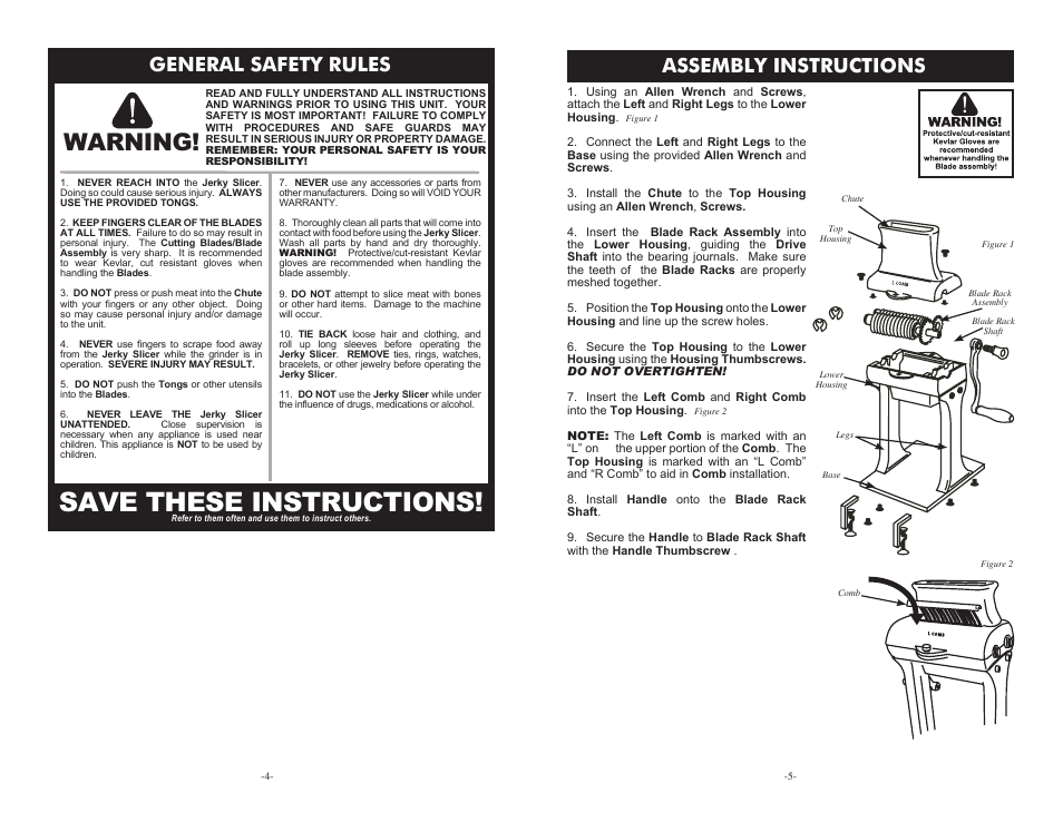 Save these instructions, Warning, General safety rules | Assembly instructions | Cabela's Manual Jerky Slicer 07-3601-A User Manual | Page 4 / 4
