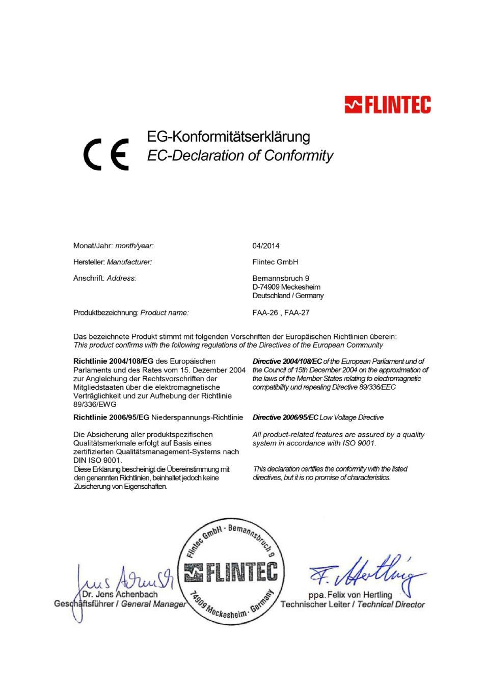 Declaration of conformity | Flintec FAA-27 User Manual | Page 4 / 22