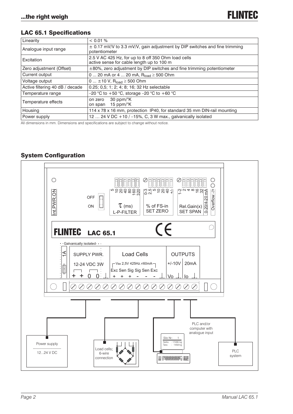 Flintec, Lac 65.1, The right weigh | System configuration, Lac 65.1 specifications | Flintec LAC 65.1 User Manual | Page 2 / 4