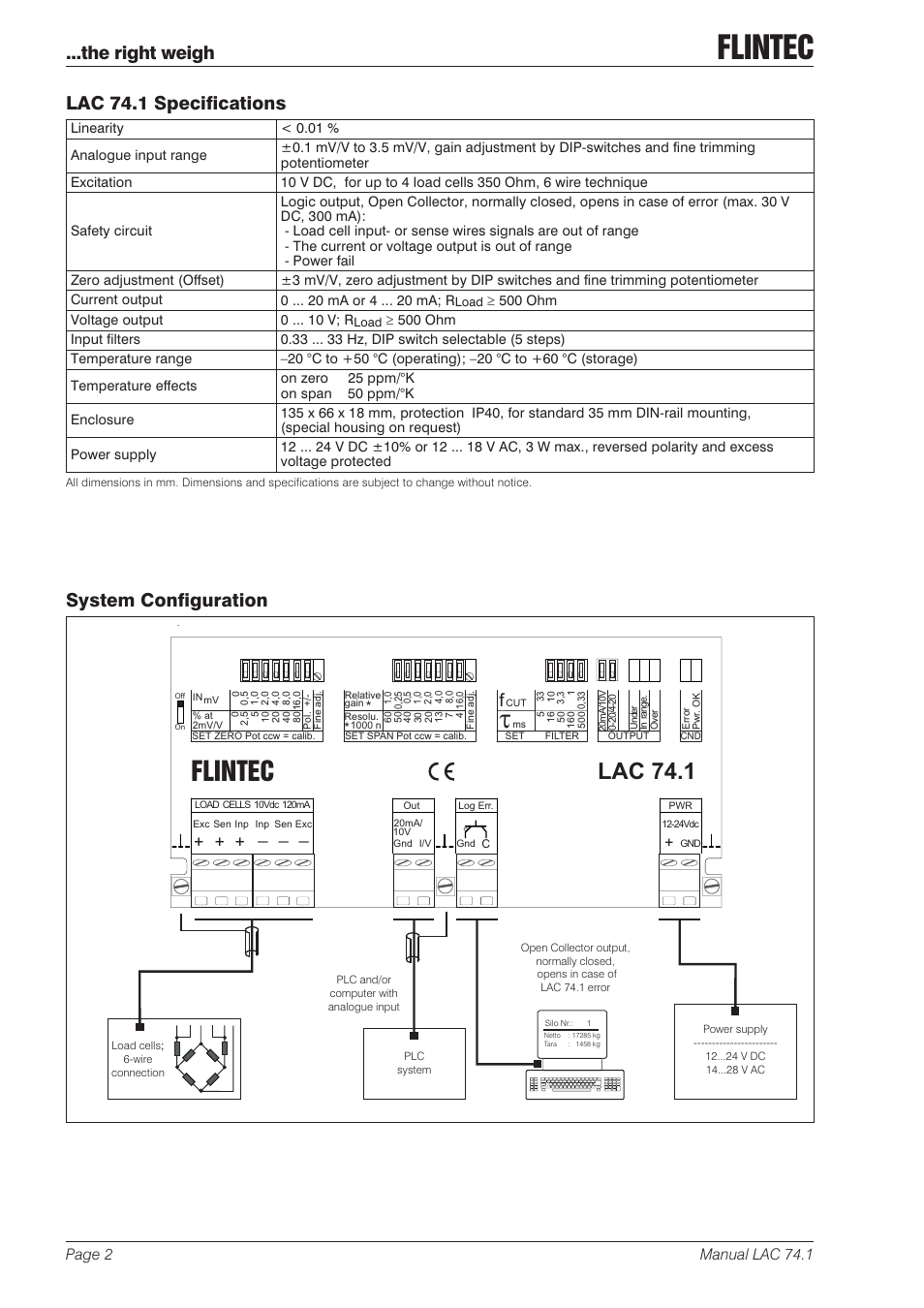 Flintec, Lac 74.1, The right weigh | System configuration, Lac 74.1 specifications, Page 2 manual lac 74.1 | Flintec LAC 74.1 User Manual | Page 2 / 5