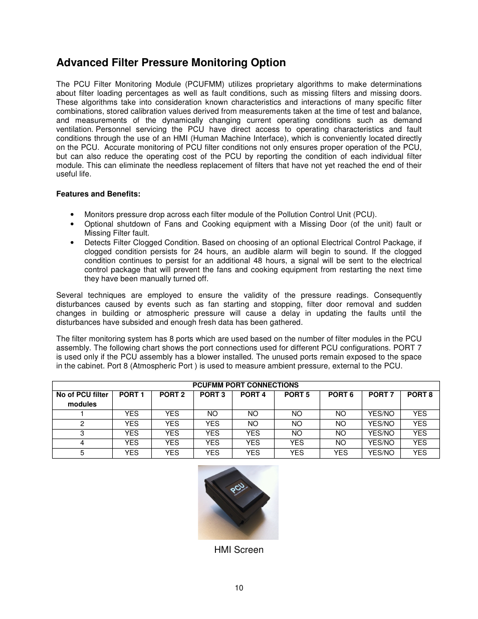 Advanced filter pressure monitoring option, Hmi screen | FloAire PCU Filtration User Manual | Page 10 / 24