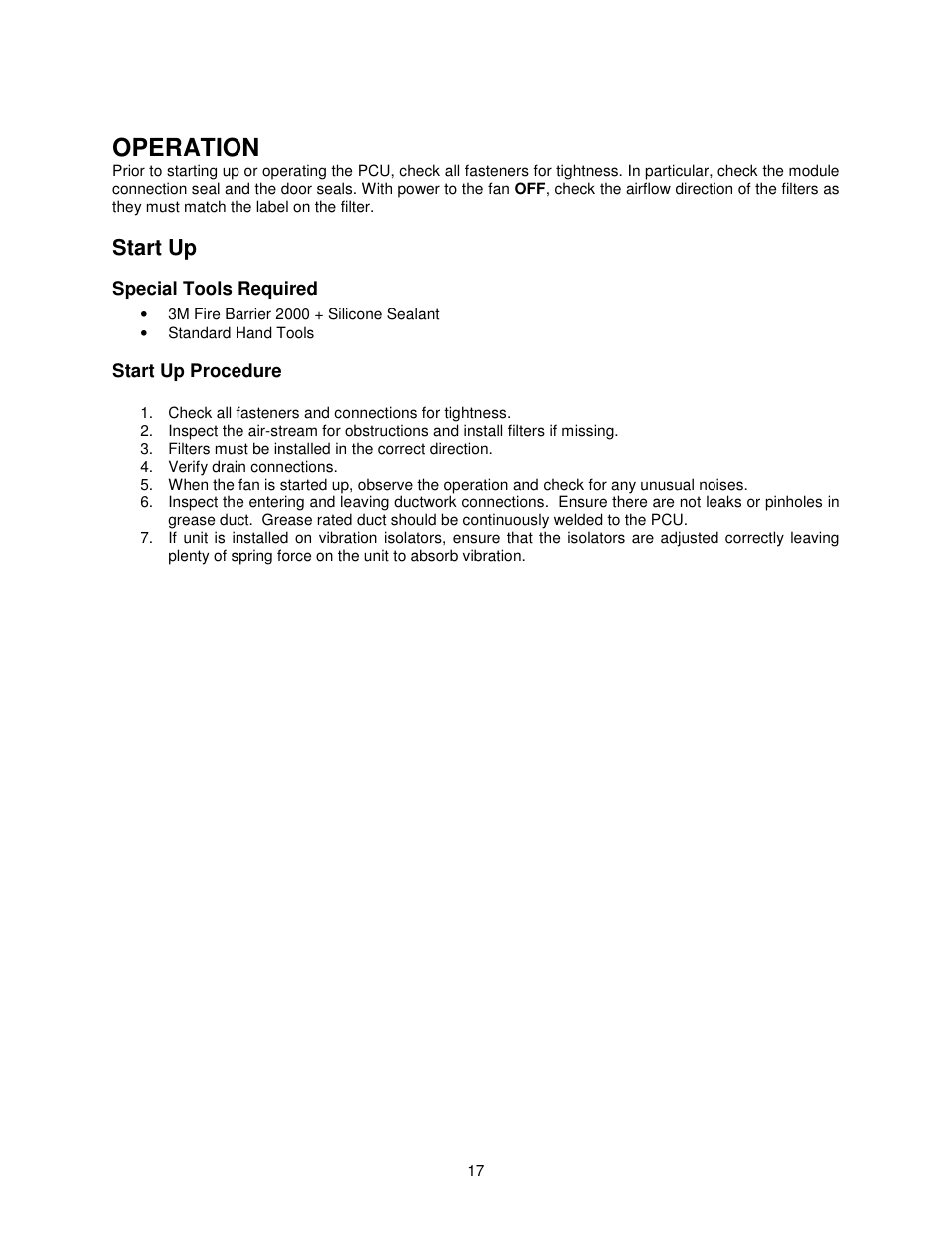 Operation, Start up | FloAire PCU Filtration User Manual | Page 17 / 24