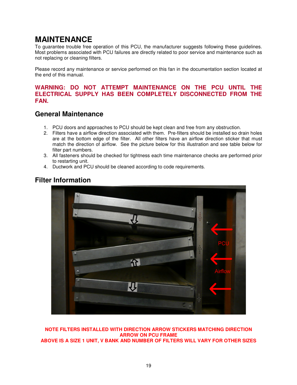 Maintenance, General maintenance, Filter information | FloAire PCU Filtration User Manual | Page 19 / 24