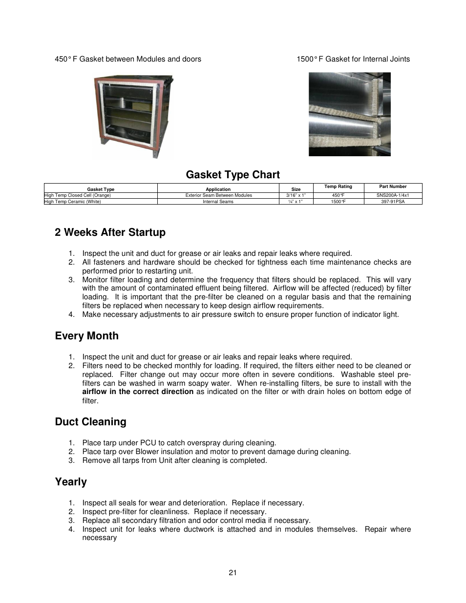 Gasket type chart, 2 weeks after startup, Every month | Duct cleaning, Yearly | FloAire PCU Filtration User Manual | Page 21 / 24