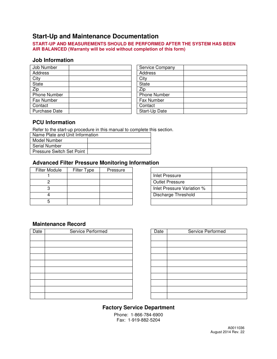 Start-up and maintenance documentation | FloAire PCU Filtration User Manual | Page 22 / 24