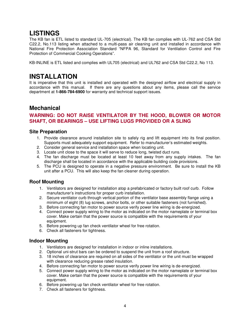 Listings, Installation, Mechanical | FloAire FKB-INLINE User Manual | Page 4 / 16
