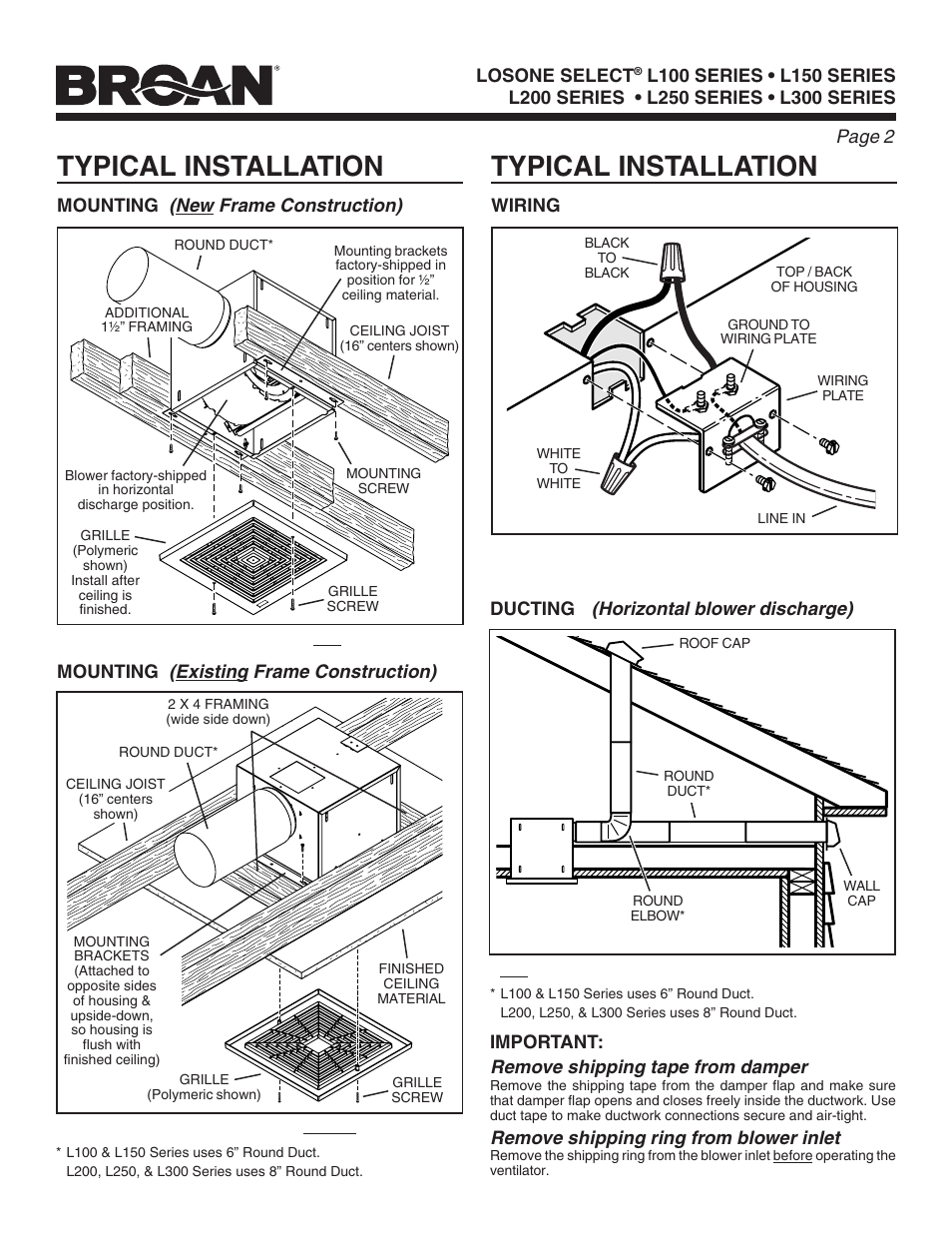 Typical installation, Page 2, New frame construction) | Existing frame construction), Horizontal blower discharge), Remove shipping tape from damper, Remove shipping ring from blower inlet | FloAire CFA-FA User Manual | Page 2 / 12