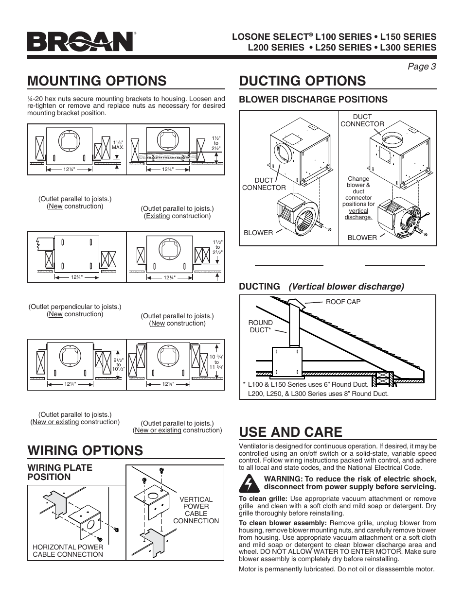 Mounting options wiring options ducting options, Use and care, Vertical blower discharge) | Page 3 losone select, Blower discharge positions wiring plate position, Ducting, Mounting brackets in factory-shipped position, Wiring plate mounts to side or top of housing | FloAire CFA-FA User Manual | Page 3 / 12