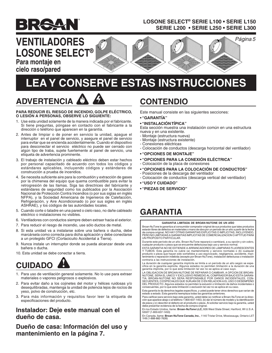 Ventiladores losone select, Lea y conserve estas instrucciones, Advertencia | Cuidado, Contendio, Garantia, Para montaje en cielo raso/pared | FloAire CFA-FA User Manual | Page 5 / 12