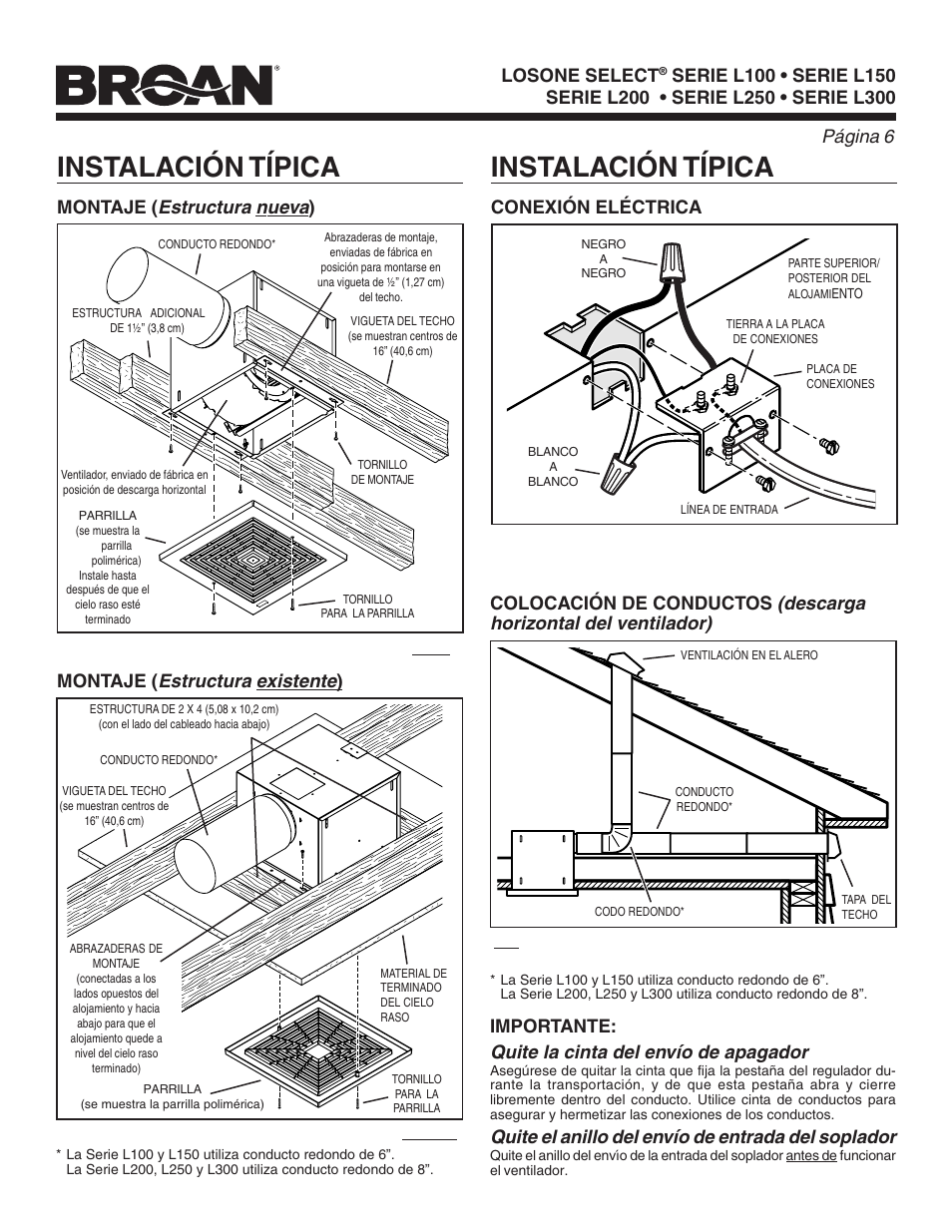 Instalación típica, Page 6 página, Estructura nueva | Estructura existente, Descarga horizontal del ventilador), Quite la cinta del envío de apagador, Quite el anillo del envío de entrada del soplador, Losone select, Montaje, Conexión eléctrica | FloAire CFA-FA User Manual | Page 6 / 12