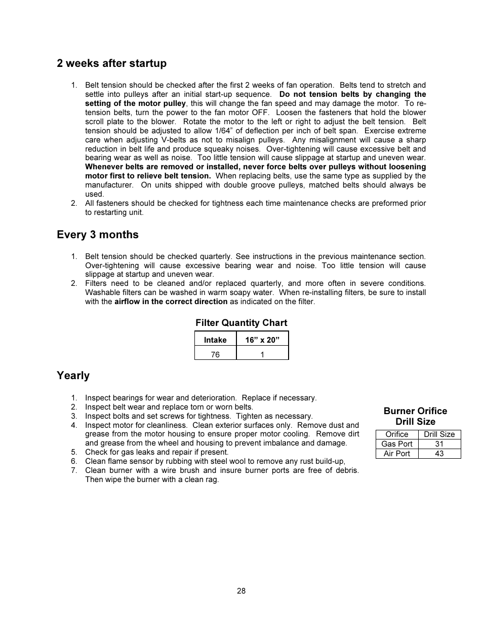 2 weeks after startup, Every 3 months, Yearly | FloAire Compact Direct Fired Heater User Manual | Page 28 / 32