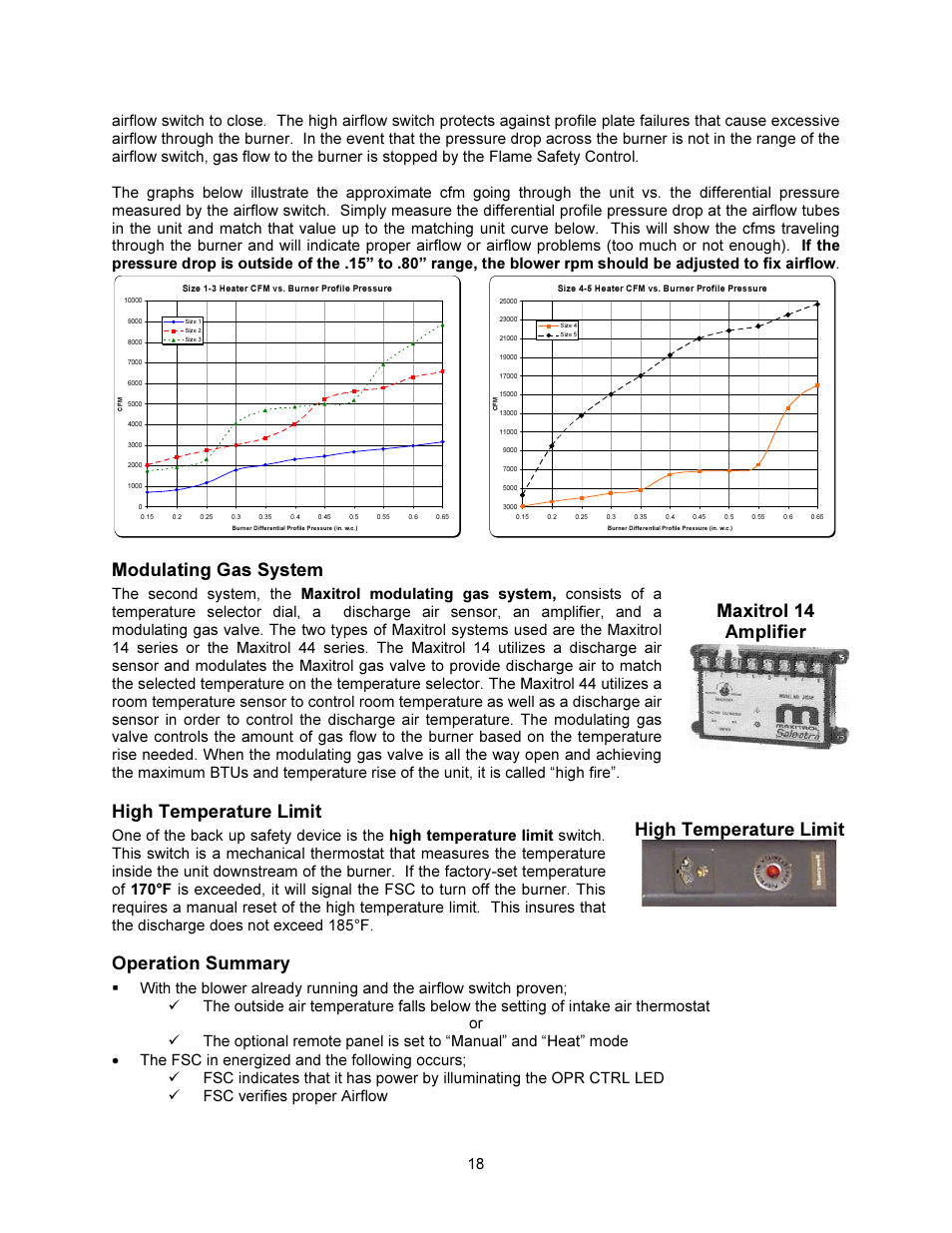 Maxitrol 14 amplifier high temperature limit, Modulating gas system, High temperature limit | Operation summary | FloAire F-D Installation User Manual | Page 18 / 32