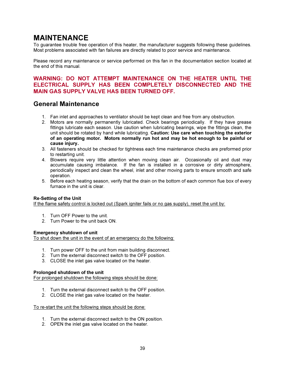 Maintenance, General maintenance | FloAire INDIRECT FIRED BENT TUBE MODULE User Manual | Page 39 / 44