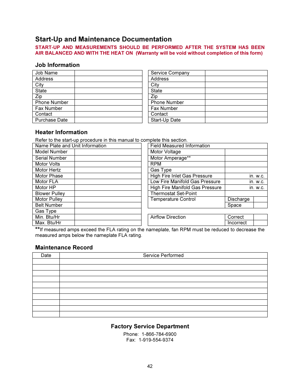 Start-up and maintenance documentation | FloAire INDIRECT FIRED BENT TUBE MODULE User Manual | Page 42 / 44