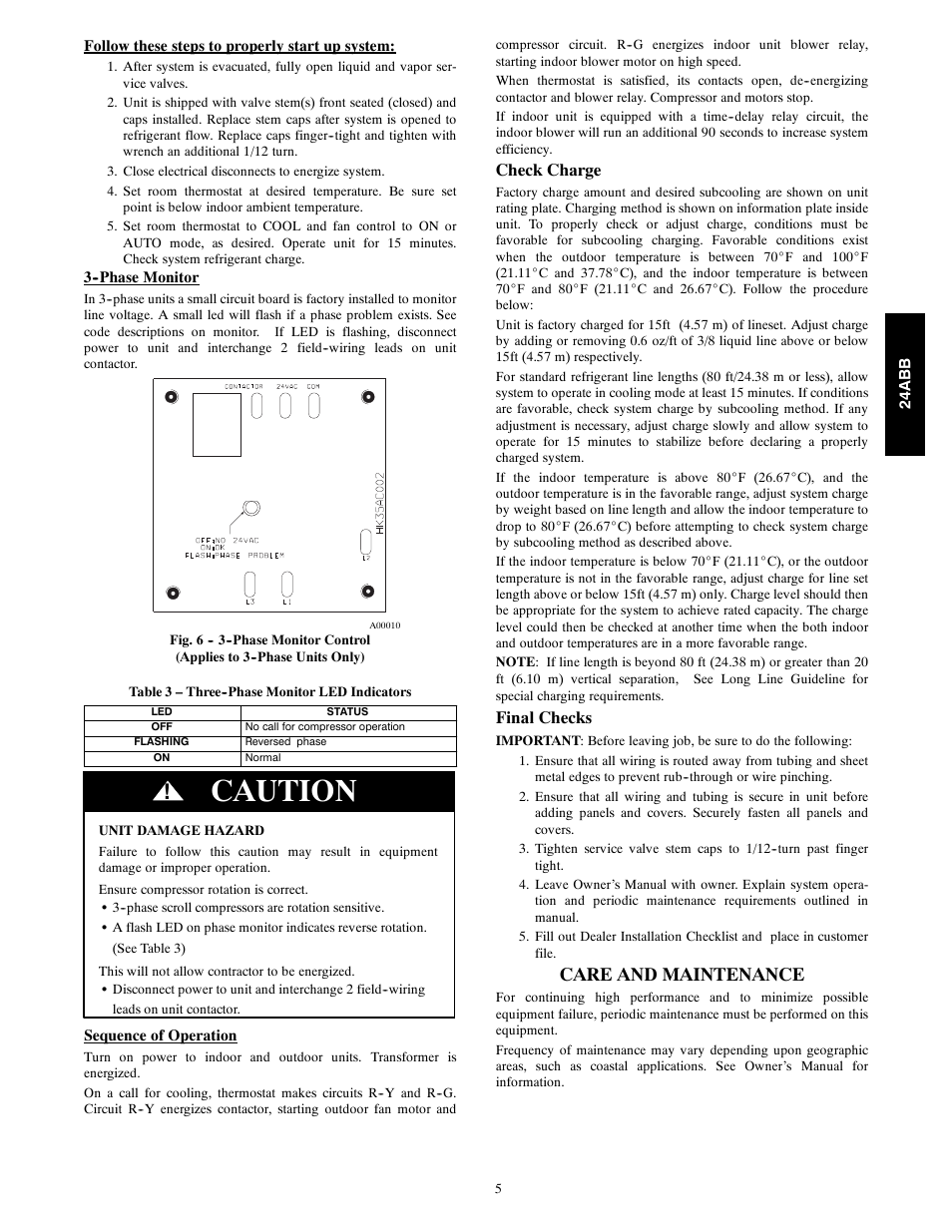 Caution, Care and maintenance, Check charge | Final checks | FloAire Baset Series User Manual | Page 5 / 6