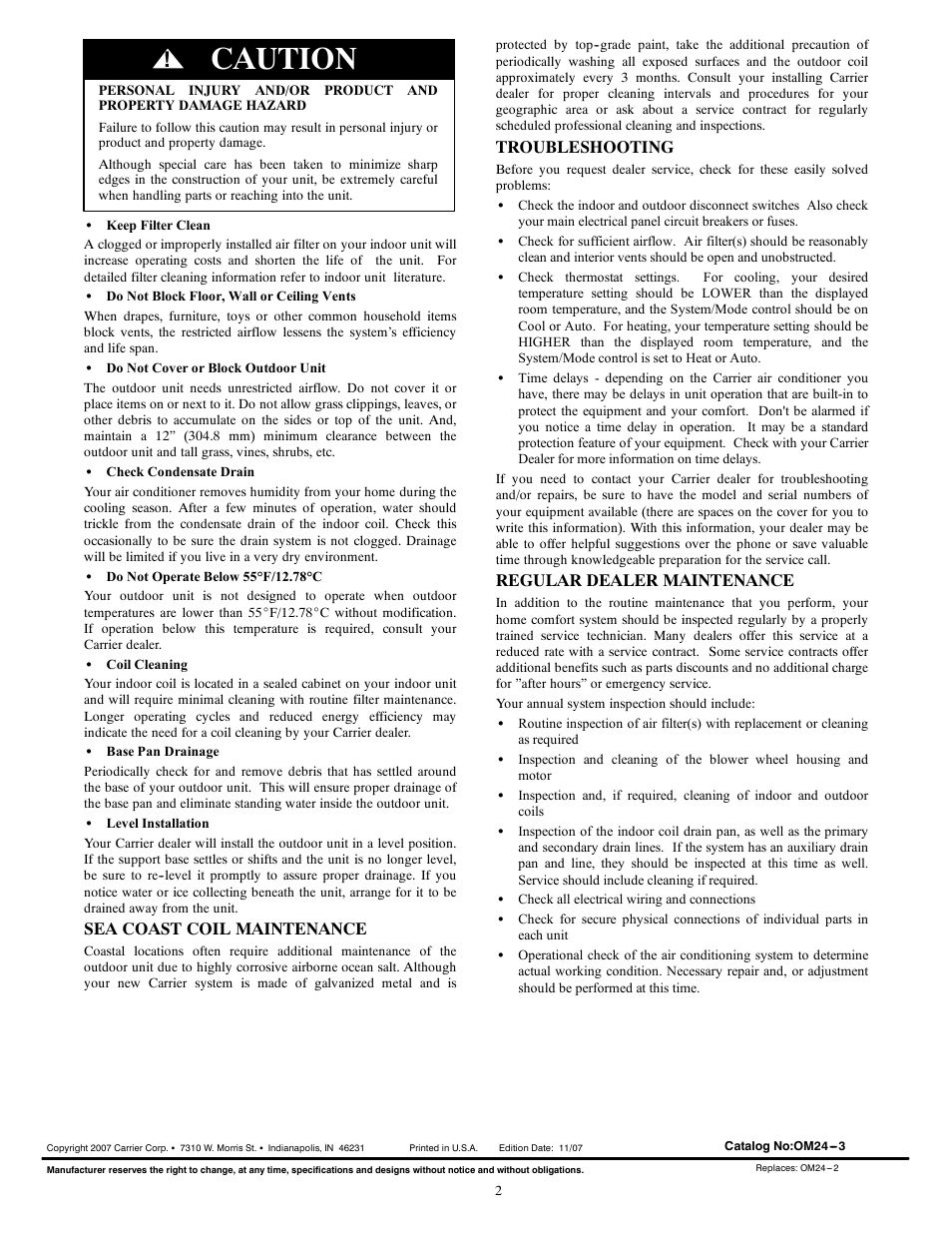 Caution, Sea coast coil maintenance, Troubleshooting | Regular dealer maintenance | FloAire 24ABB User Manual | Page 2 / 2