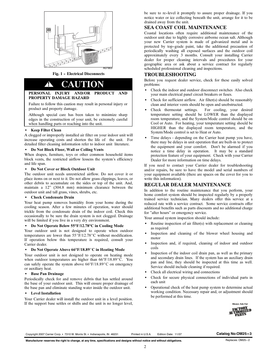 Caution, Sea coast coil maintenance, Troubleshooting | Regular dealer maintenance | FloAire OM25 User Manual | Page 2 / 2