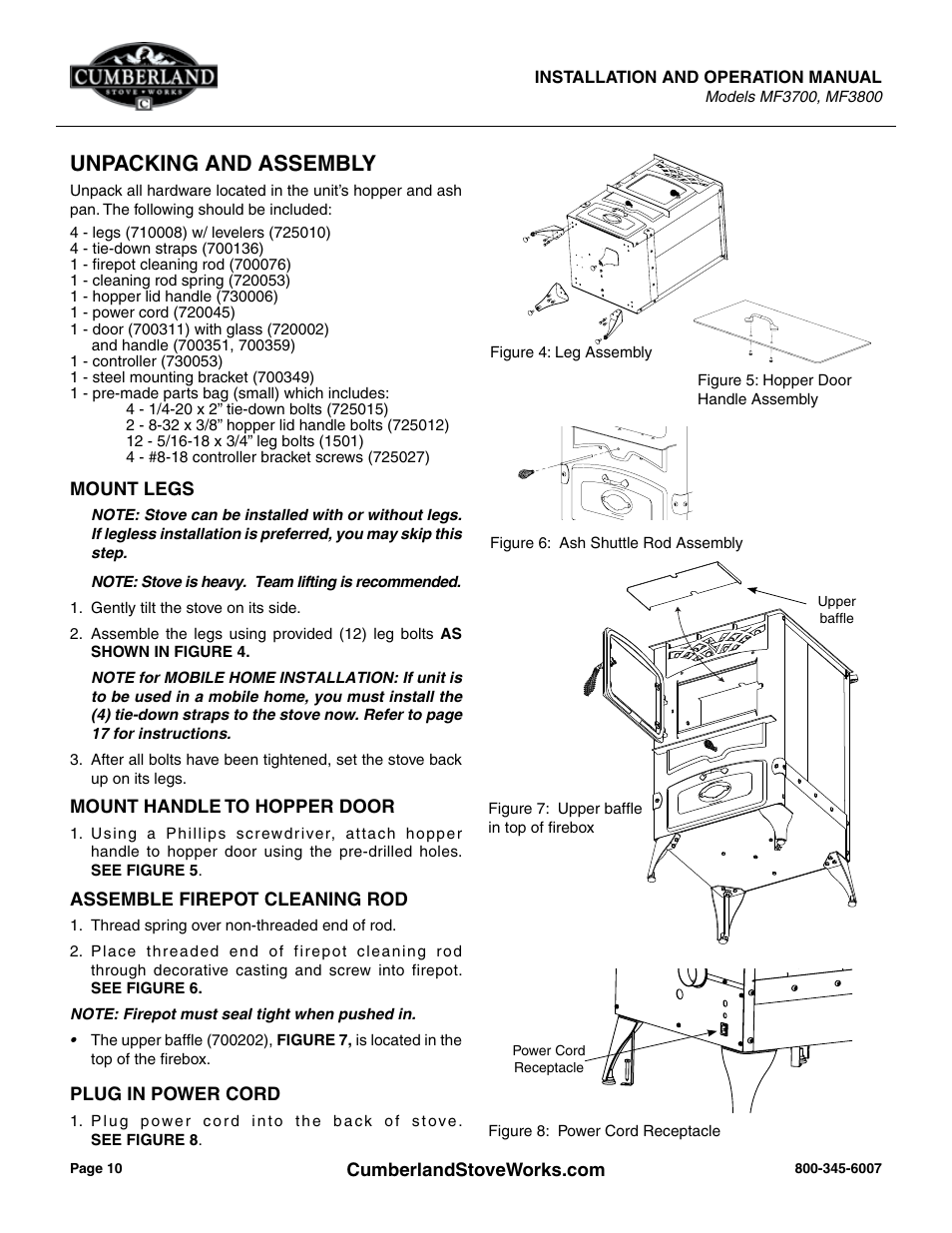 Unpacking and assembly | Cumberland Stove Works MF3700 User Manual | Page 10 / 36