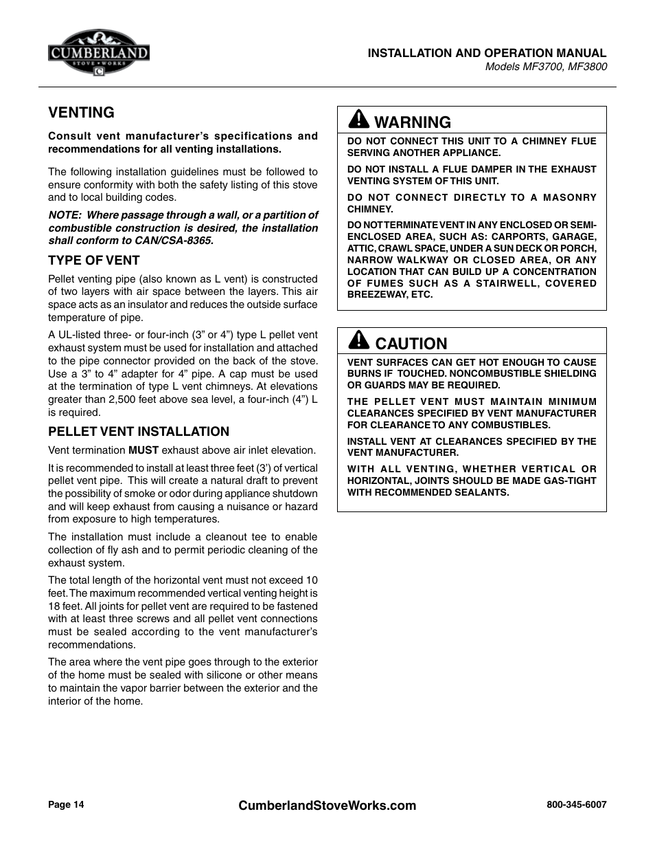 Warning, Caution, Venting | Cumberland Stove Works MF3700 User Manual | Page 14 / 36