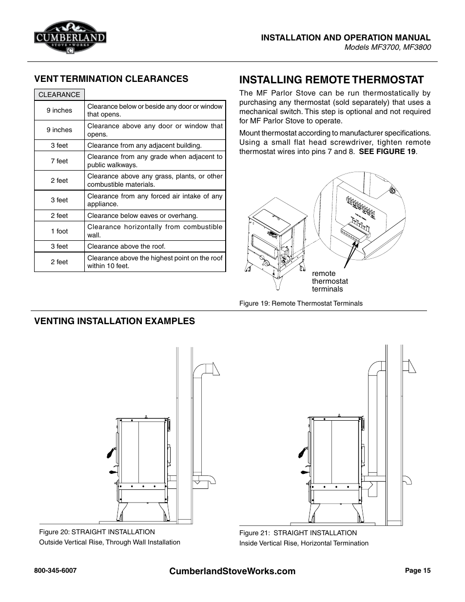 Installing remote thermostat | Cumberland Stove Works MF3700 User Manual | Page 15 / 36