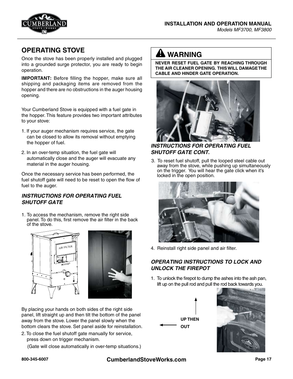 Warning, Operating stove | Cumberland Stove Works MF3700 User Manual | Page 17 / 36