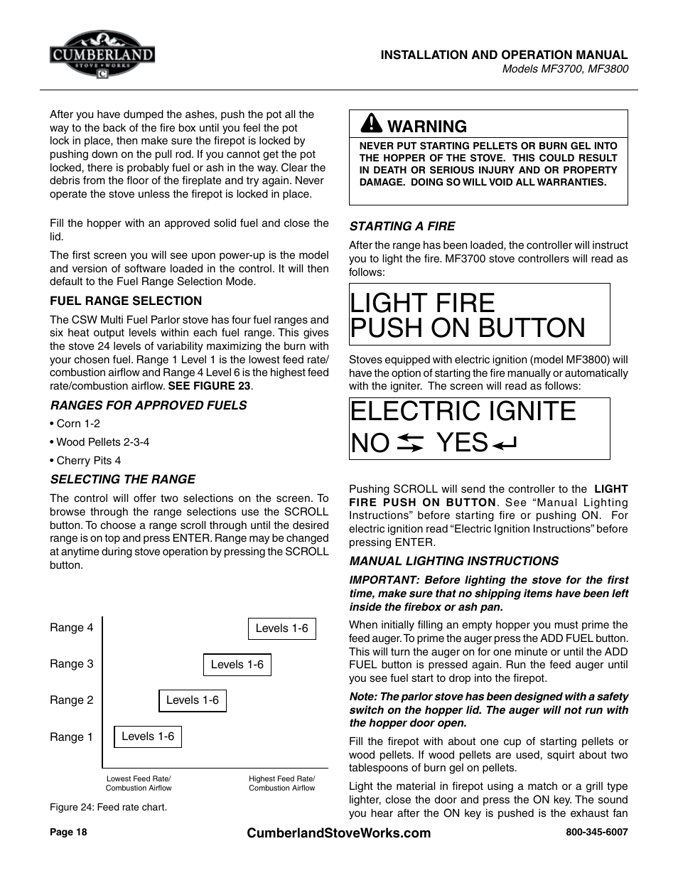 Light fire push on button, Electric ignite no yes, Warning | Cumberland Stove Works MF3700 User Manual | Page 18 / 36