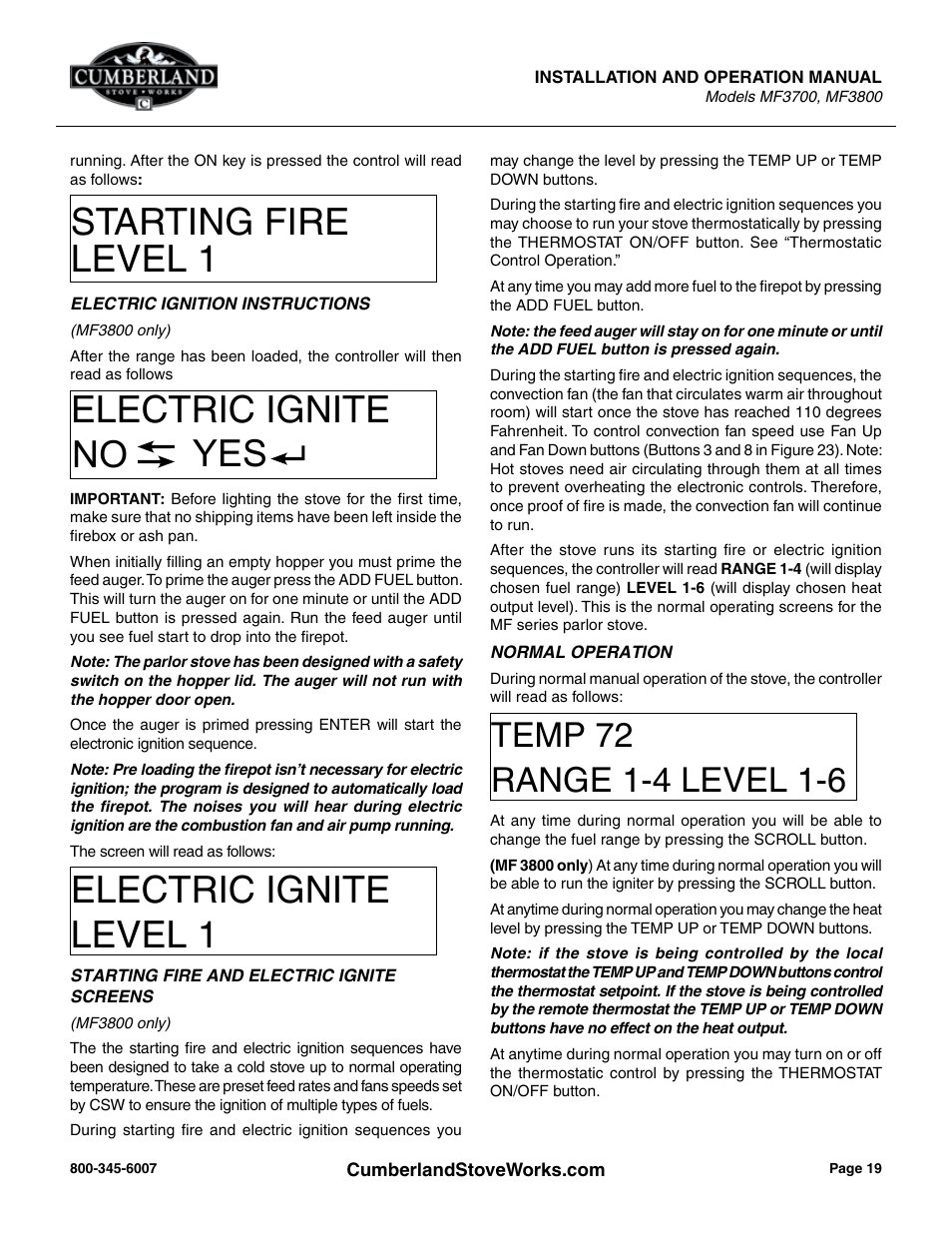 Starting fire level 1, Electric ignite no yes, Electric ignite level 1 | Cumberland Stove Works MF3700 User Manual | Page 19 / 36