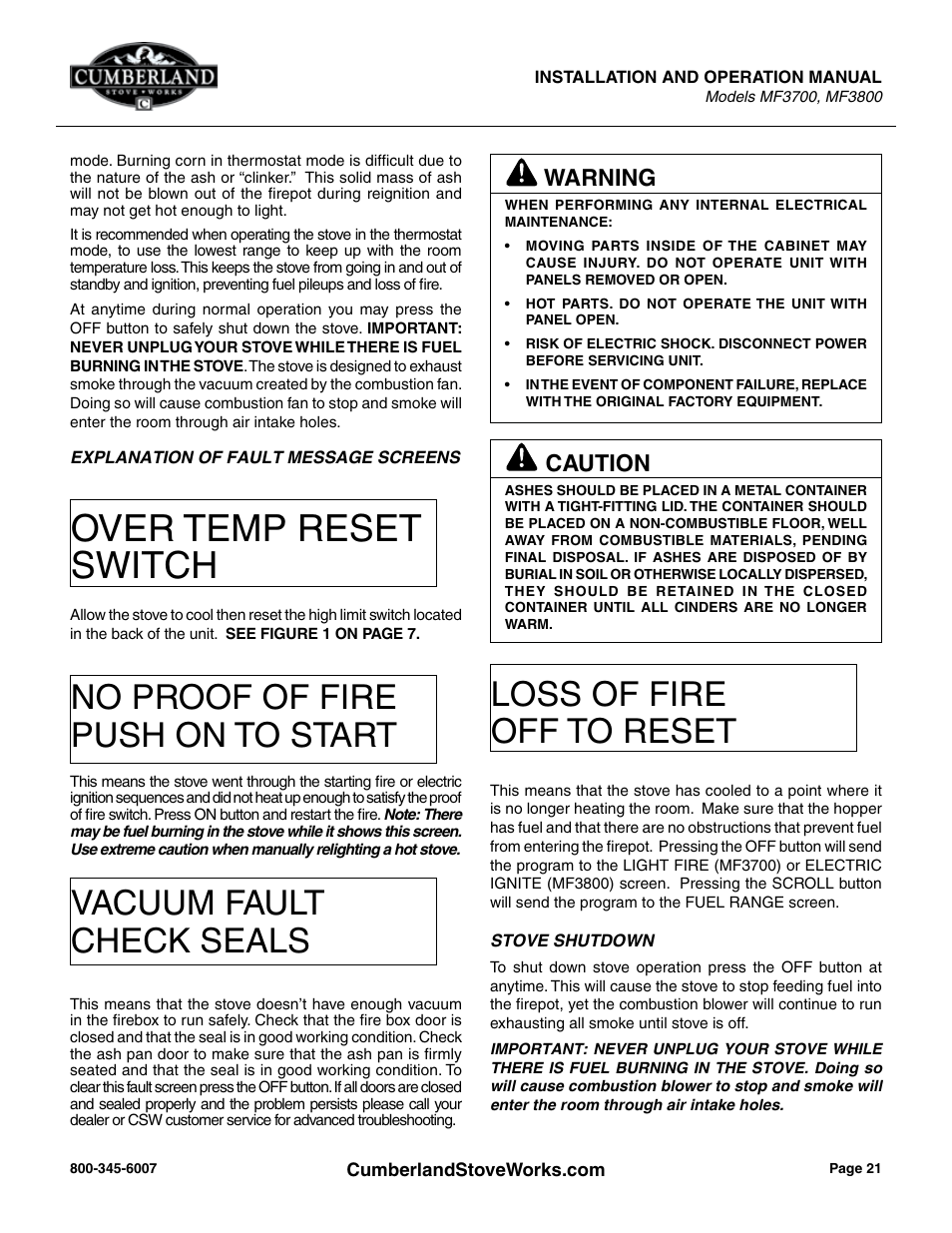 Over temp reset switch, No proof of fire push on to start, Vacuum fault check seals | Loss of fire off to reset, Caution, Warning | Cumberland Stove Works MF3700 User Manual | Page 21 / 36